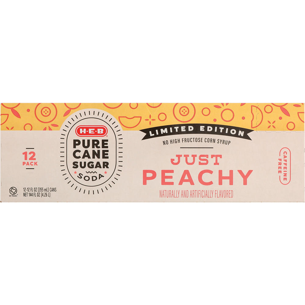 H-E-B Pure Cane Sugar Just Peachy Soda 12 pk Cans, 12 oz