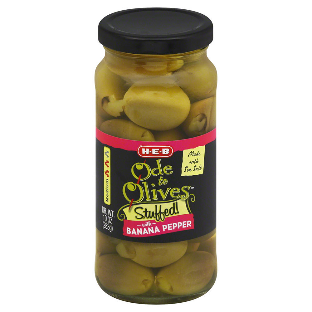 H-E-B Ode to Olives Stuffed Green Olives - Banana Pepper, 10 oz