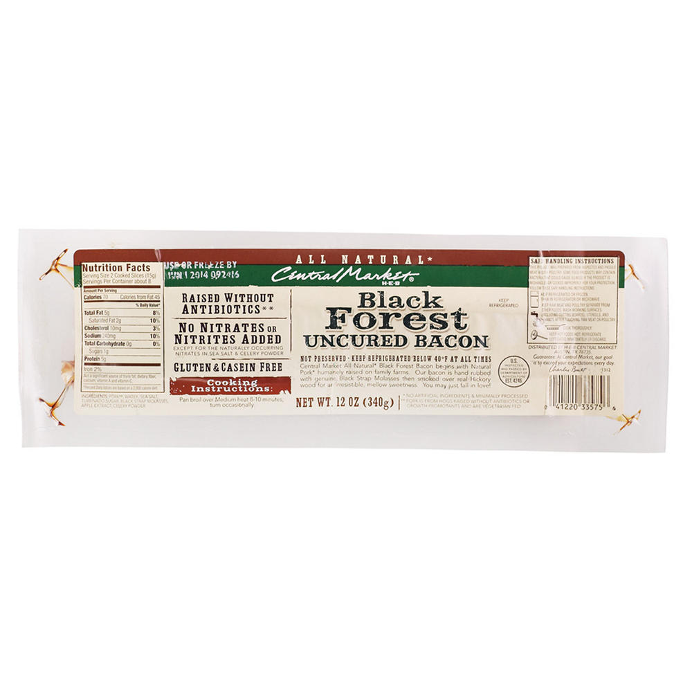 Central Market Natural Black Forest Uncured Bacon, 12 oz