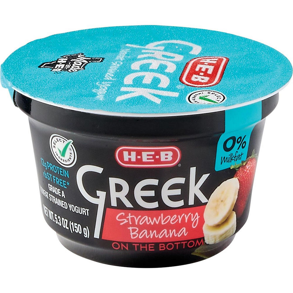 H-E-B 12g Protein Nonfat Greek Yogurt - Strawberry Banana on the Bottom, 5.3 oz