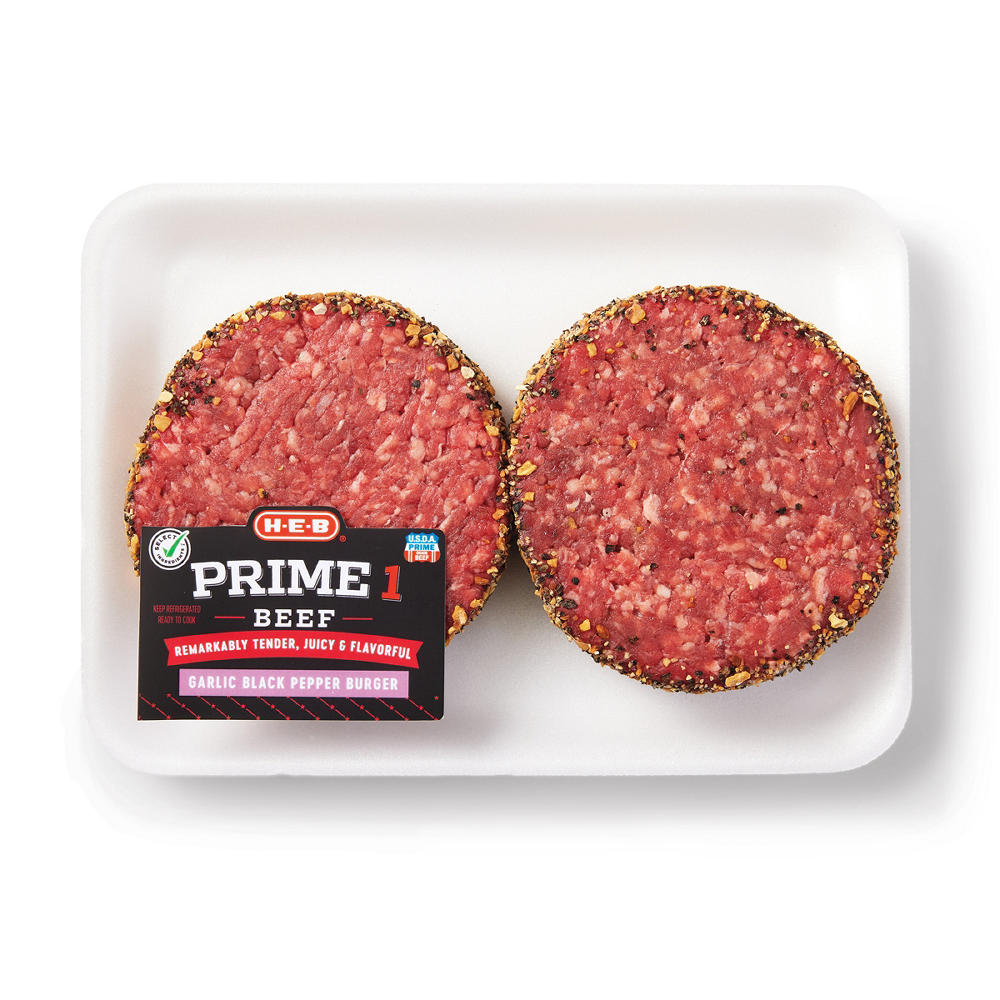 H-E-B Prime 1 Beef Garlic Black Pepper Encrusted Burger Patties, Avg. 1.0 lb