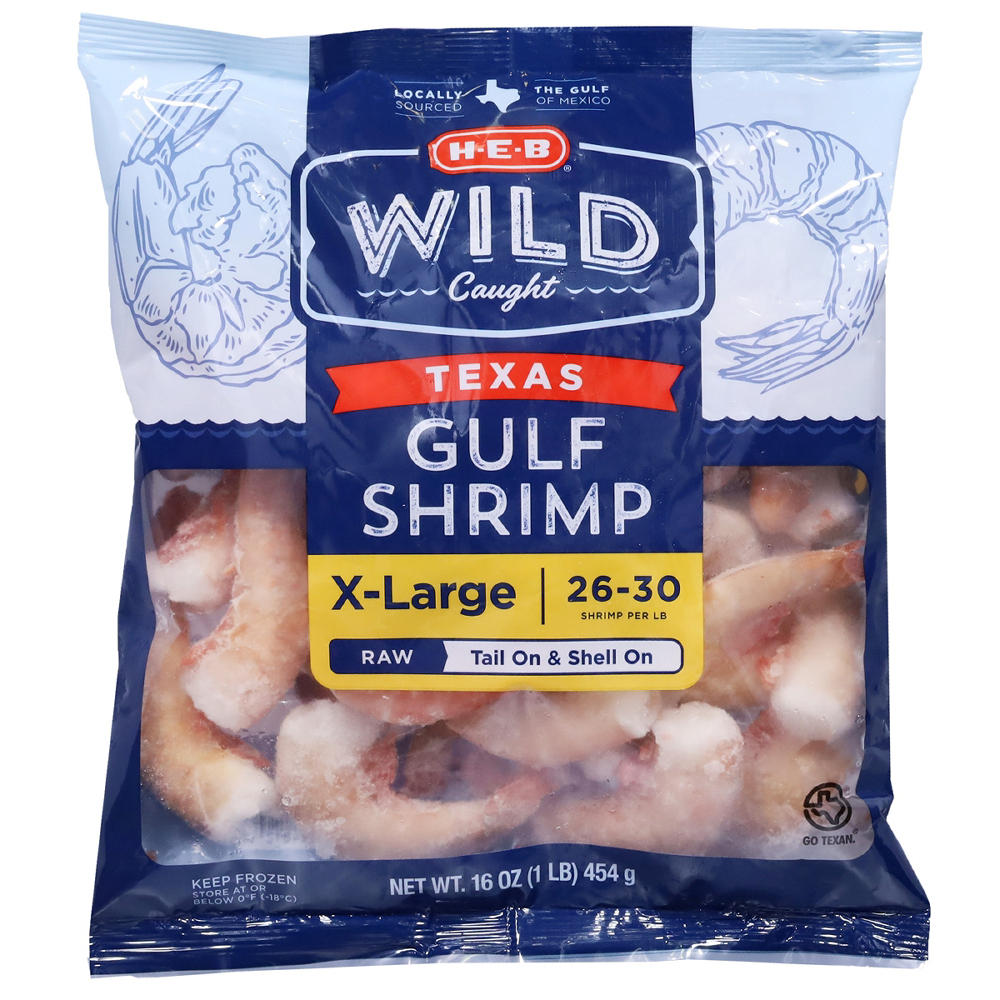 H-E-B Wild Caught Shell-On Tail-On XL Texas Gulf Raw Frozen Shrimp, 26 - 30 ct/lb, 1 lb