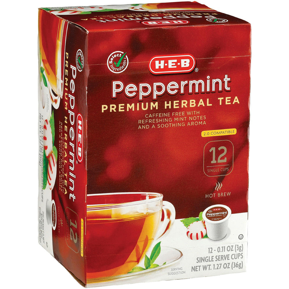 H-E-B Caffeine-Free Peppermint Herbal Tea Single Serve Cups, 12 ct