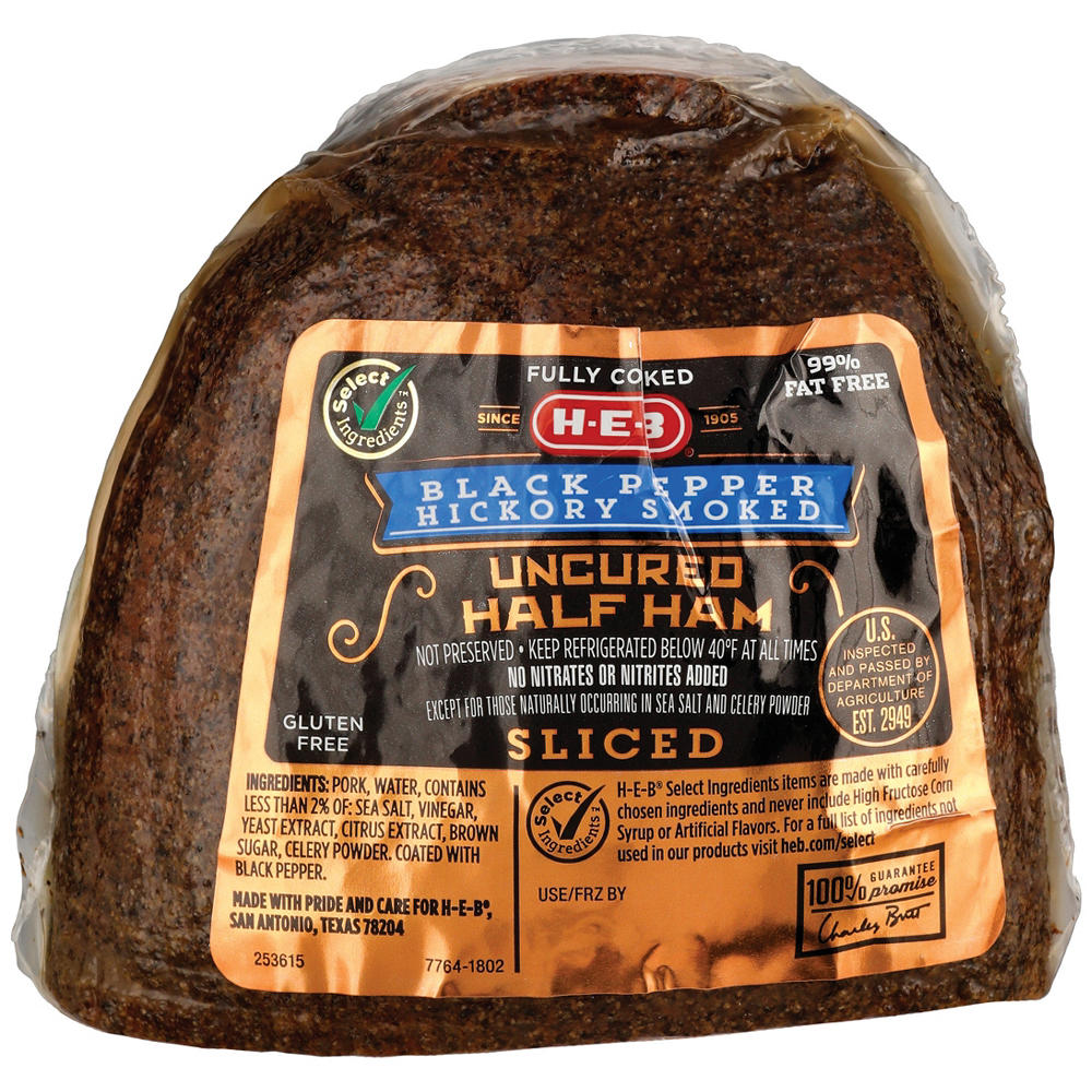H-E-B Fully Cooked Black Pepper Hickory-Smoked Sliced Uncured Half Ham, Avg. 1.3 lbs
