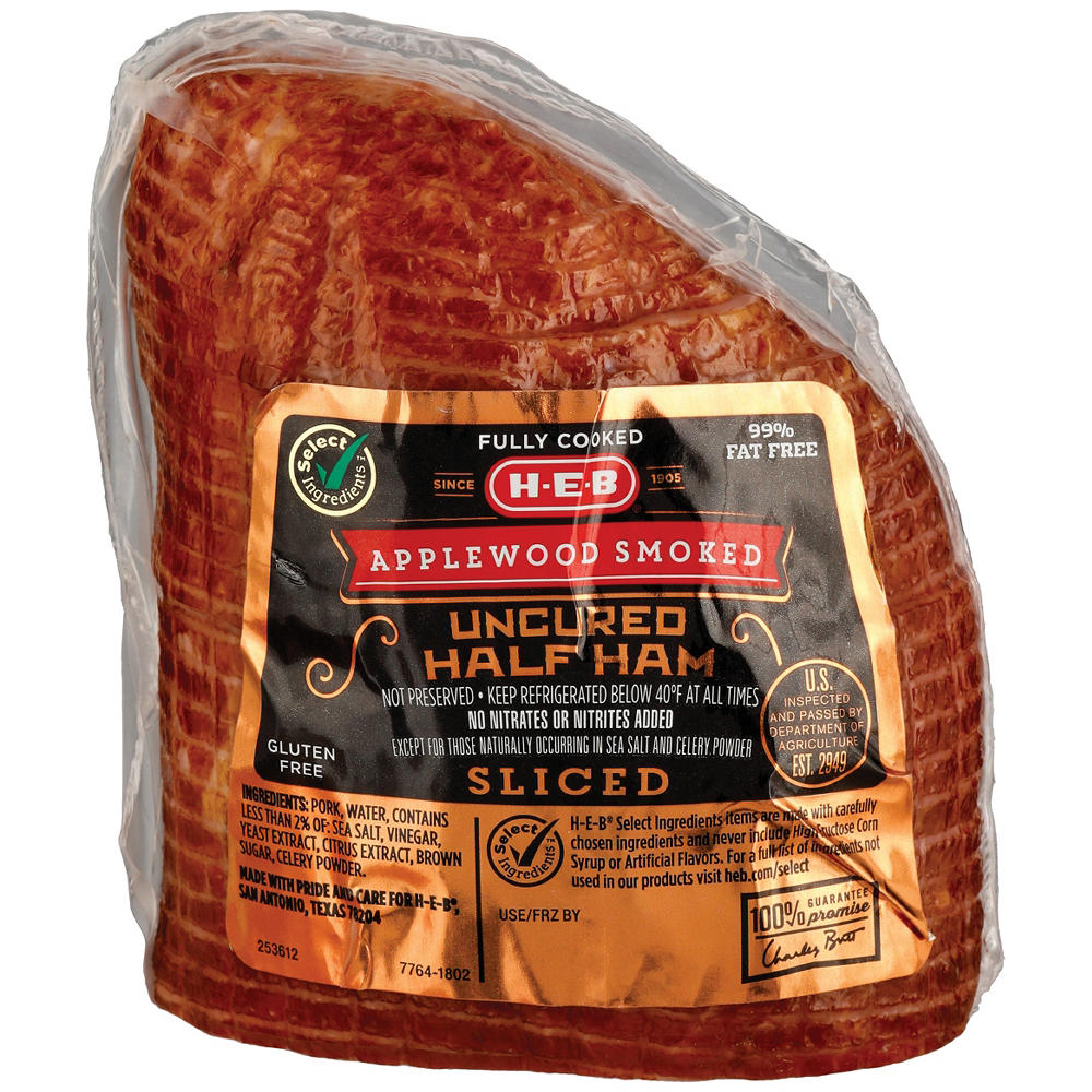 H-E-B Fully Cooked Applewood Smoked Sliced Uncured Half Ham, Avg. 1.25 lbs