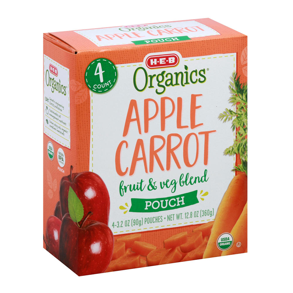 H-E-B Organics Blended Fruit & Veg Pouches - Apple Carrot, 4 ct