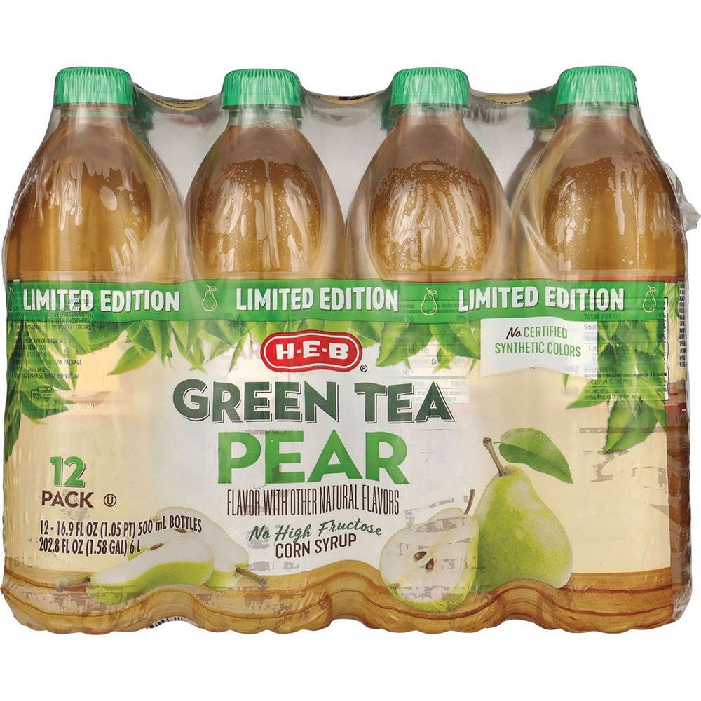 H-E-B Pear Green Tea 12 pk Bottles, 16.9 oz