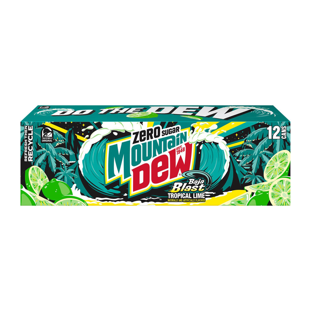Mountain Dew Zero Sugar Baja Blast Soda Soft Drink Tropical Lime 12 pk Cans, 12 oz