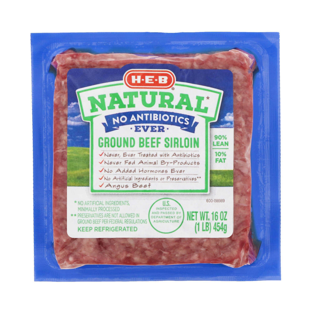 H-E-B Natural Angus Ground Beef Sirloin, 90% Lean, 1 lb