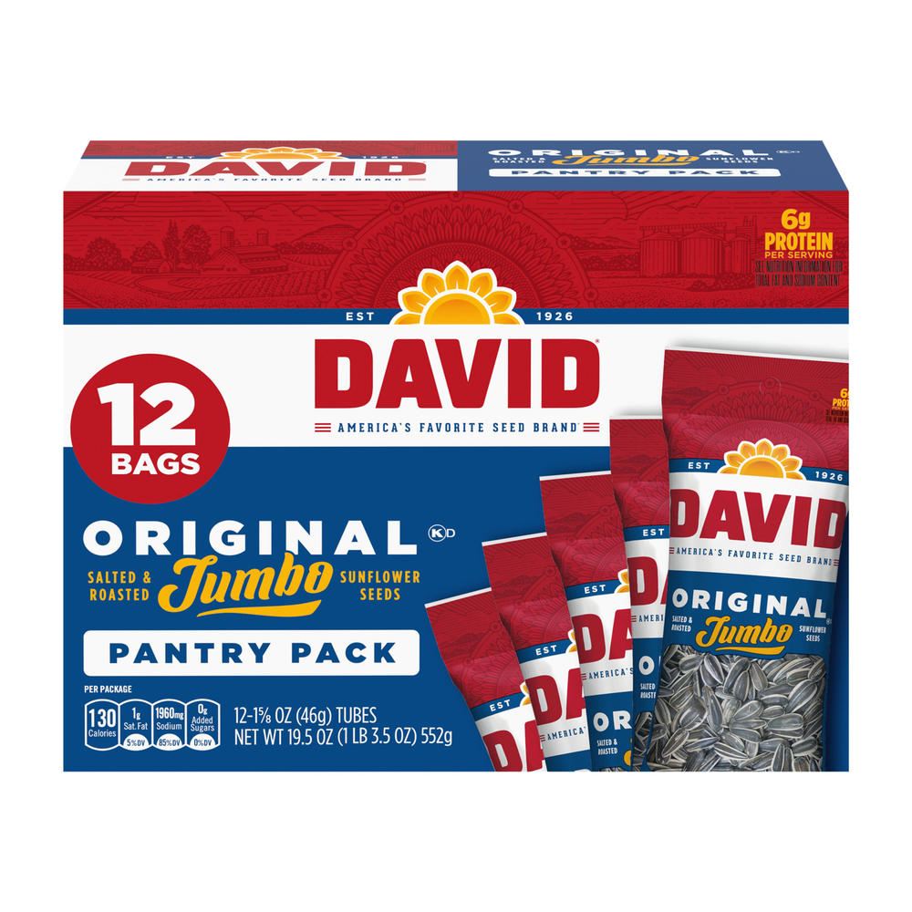 DAVID Salted Roasted Jumbo Sunflower Seeds Pantry Packs - Original, 12 ct