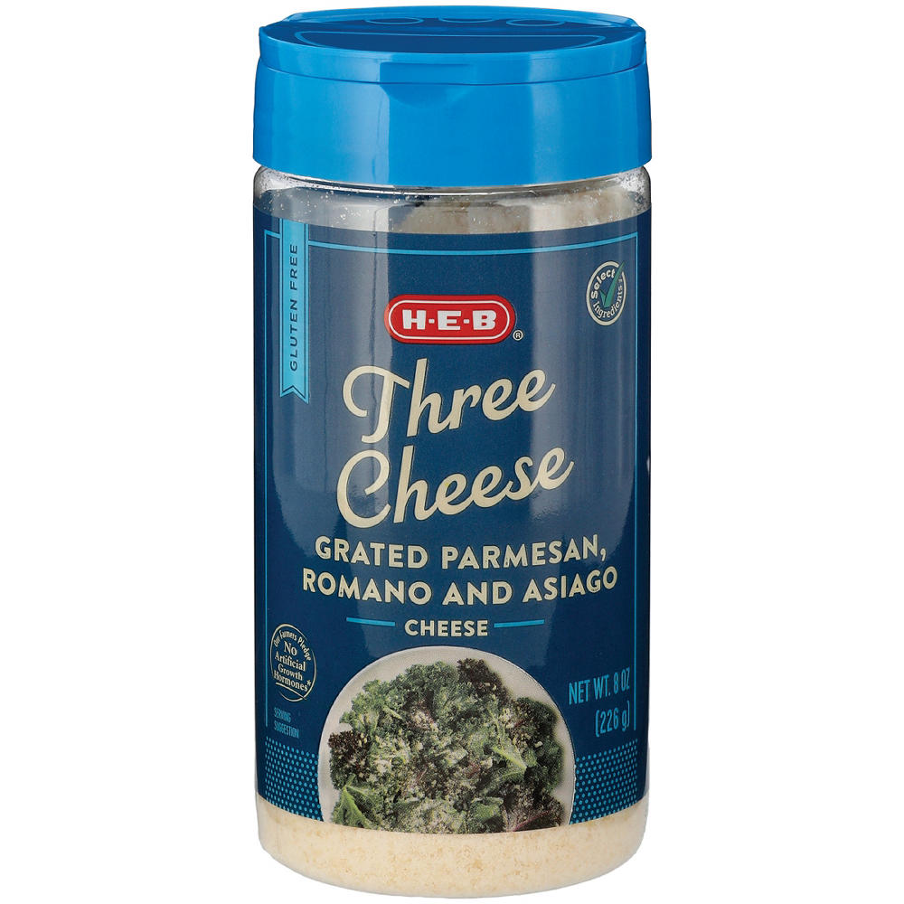 H-E-B Three Cheese Grated Parmesan, Romano & Asiago Cheese, 8 oz
