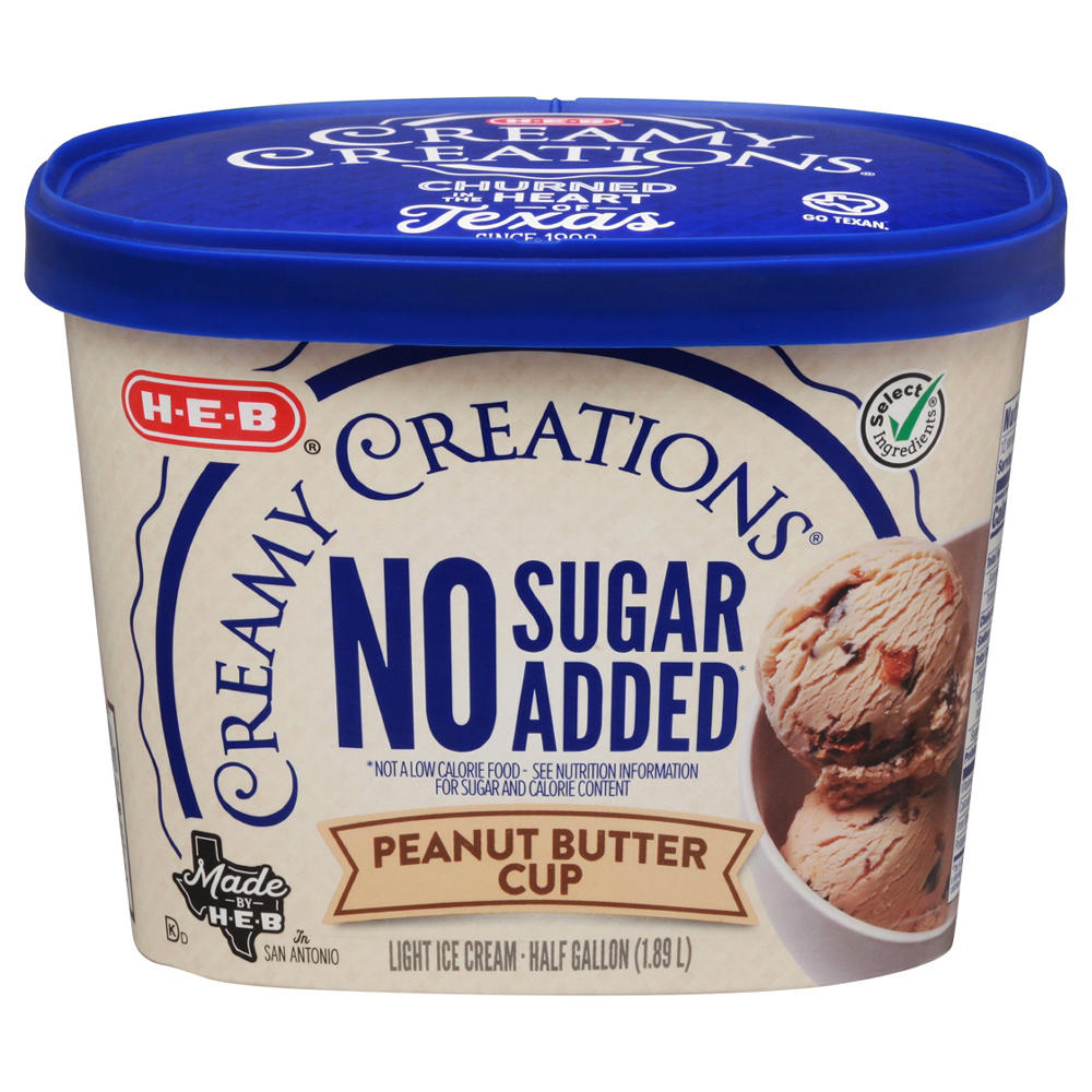 H-E-B Creamy Creations No Sugar Added Peanut Butter Cup Light Ice Cream, 1/2 gal