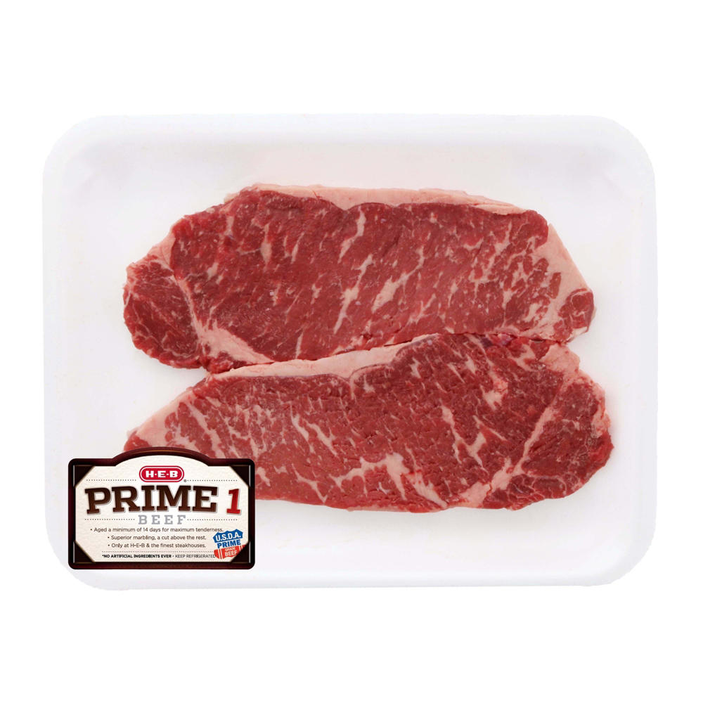 H-E-B Prime 1 Beef Boneless New York Strip Steaks, Thin Cut, Avg. 0.7 lb