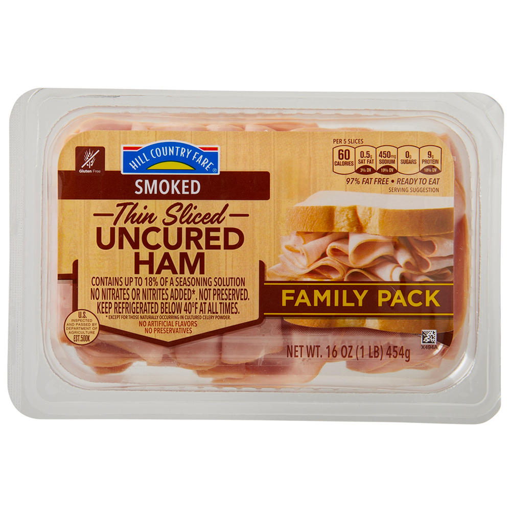 Hill Country Fare Thin-Sliced Smoked Uncured Ham Lunch Meat - Family Pack, 16 oz