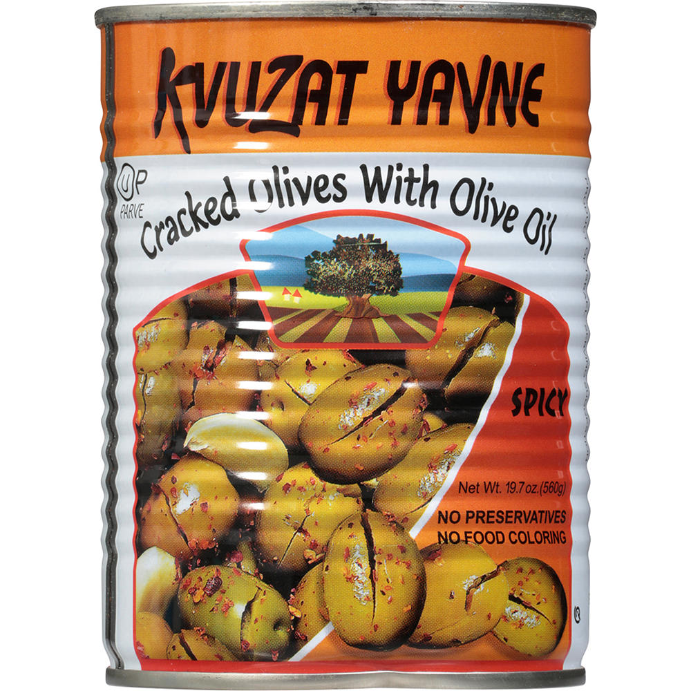 Kvuzat Yavne Kosher Cracked Spicy Olives, 19.7 oz