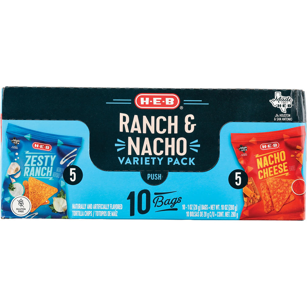 H-E-B Zesty Ranch & Nacho Flavored Tortilla Chips Variety Pack 1 oz Bags, 10 ct