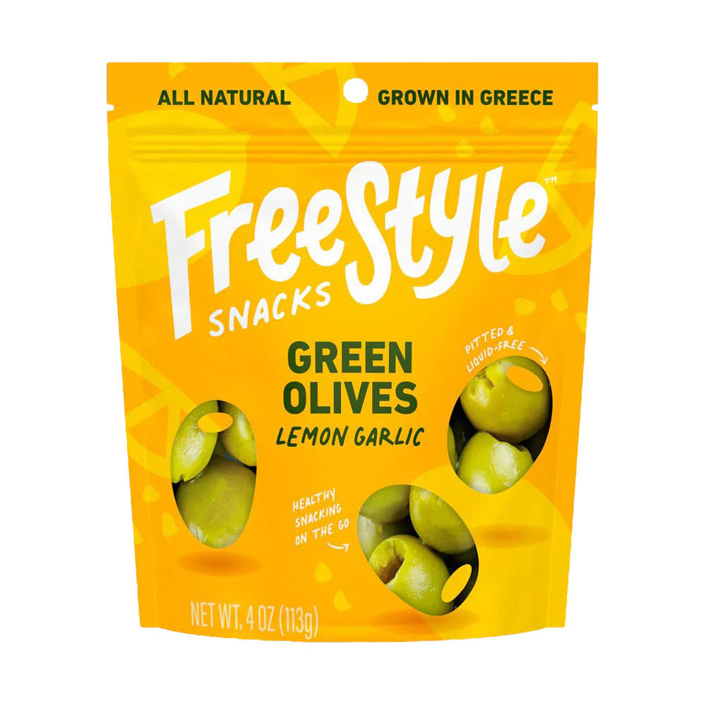 Freestyle Snacks Lemon Garlic Green Olives, 4 oz