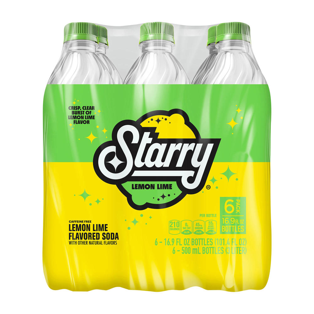Starry Lemon Lime Flavored Soda Soft Drink 6 pk Bottles, 16.9 oz