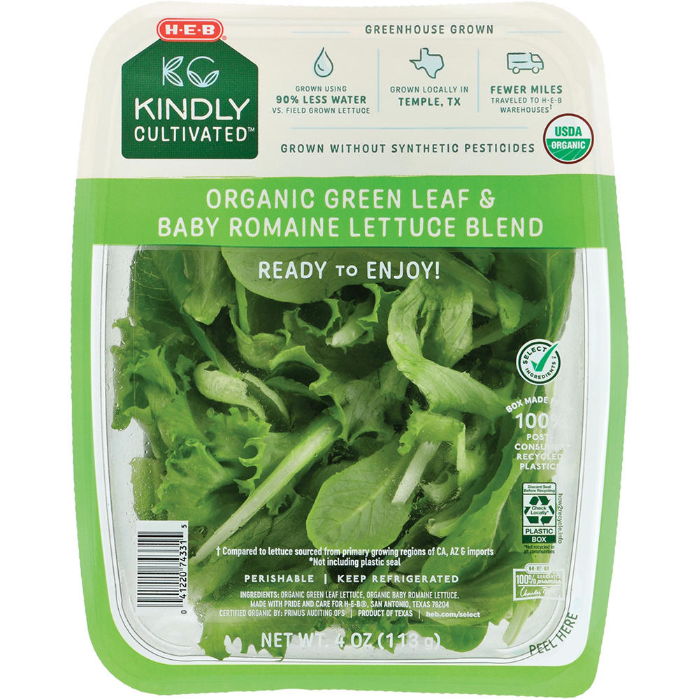 H-E-B Kindly Cultivated Fresh Organic Green Leaf & Baby Romaine Lettuce Blend, 4 oz