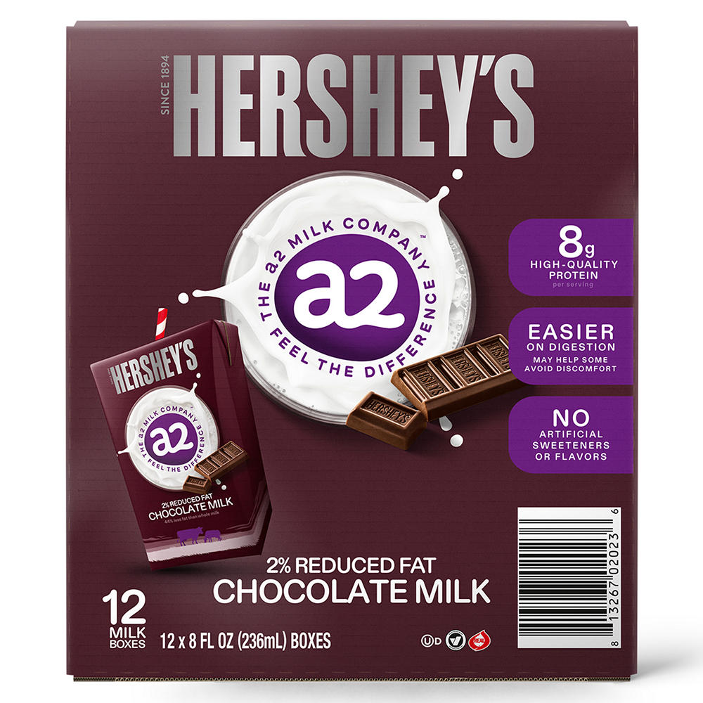 a2 Milk 2% Reduced Fat Hershey's Chocolate Milk 12 pk Boxes, 8 oz