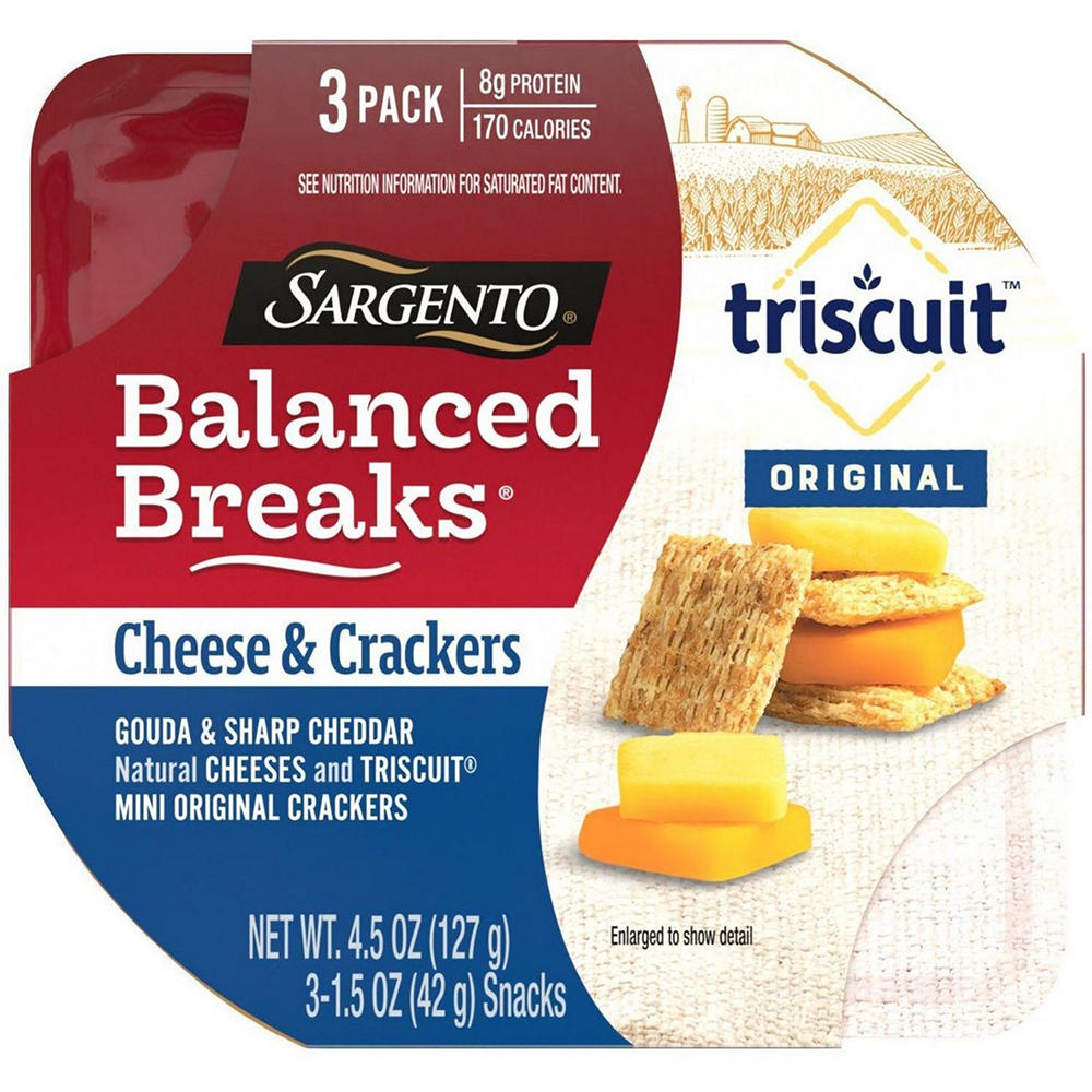 SARGENTO Balanced Breaks Snack Trays - Gouda & Sharp Cheddar Cheese with Triscuit Mini Original Crackers, 3 pk