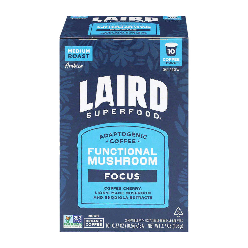 Laird Superfood Focus Functional Mushroom Medium Roast Single Serve Coffee Cups, 10 ct