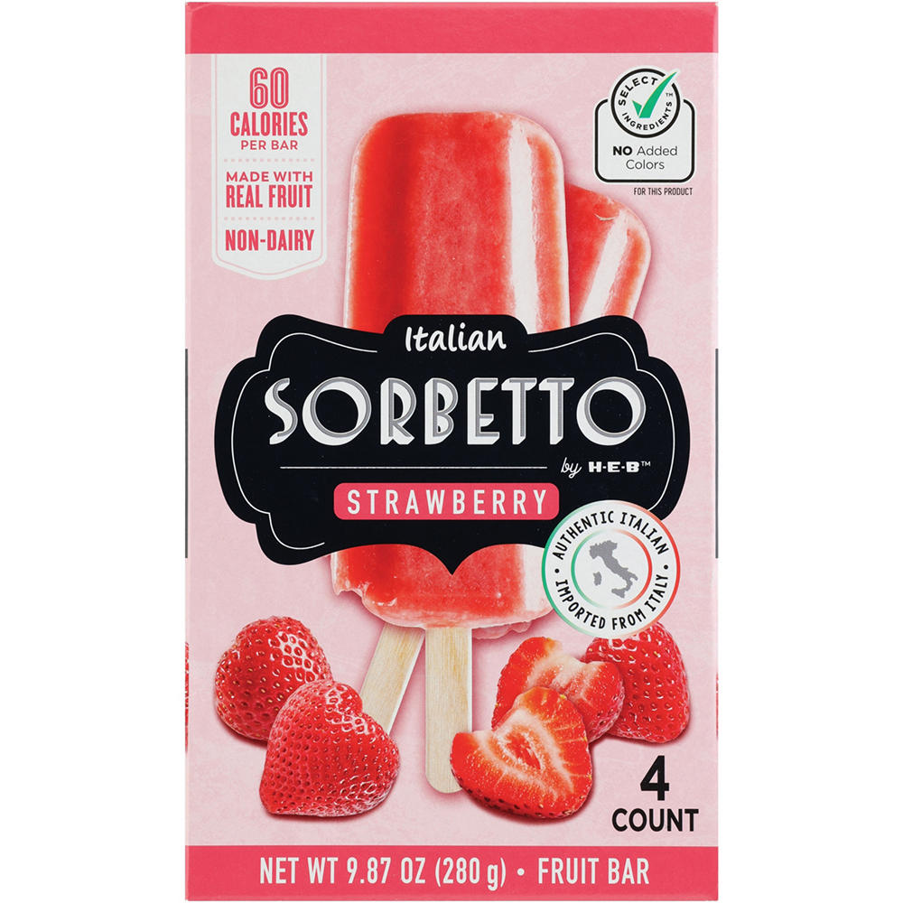 Italian Sorbetto by H-E-B Strawberry Non-Dairy Frozen Fruit Bars, 4 ct