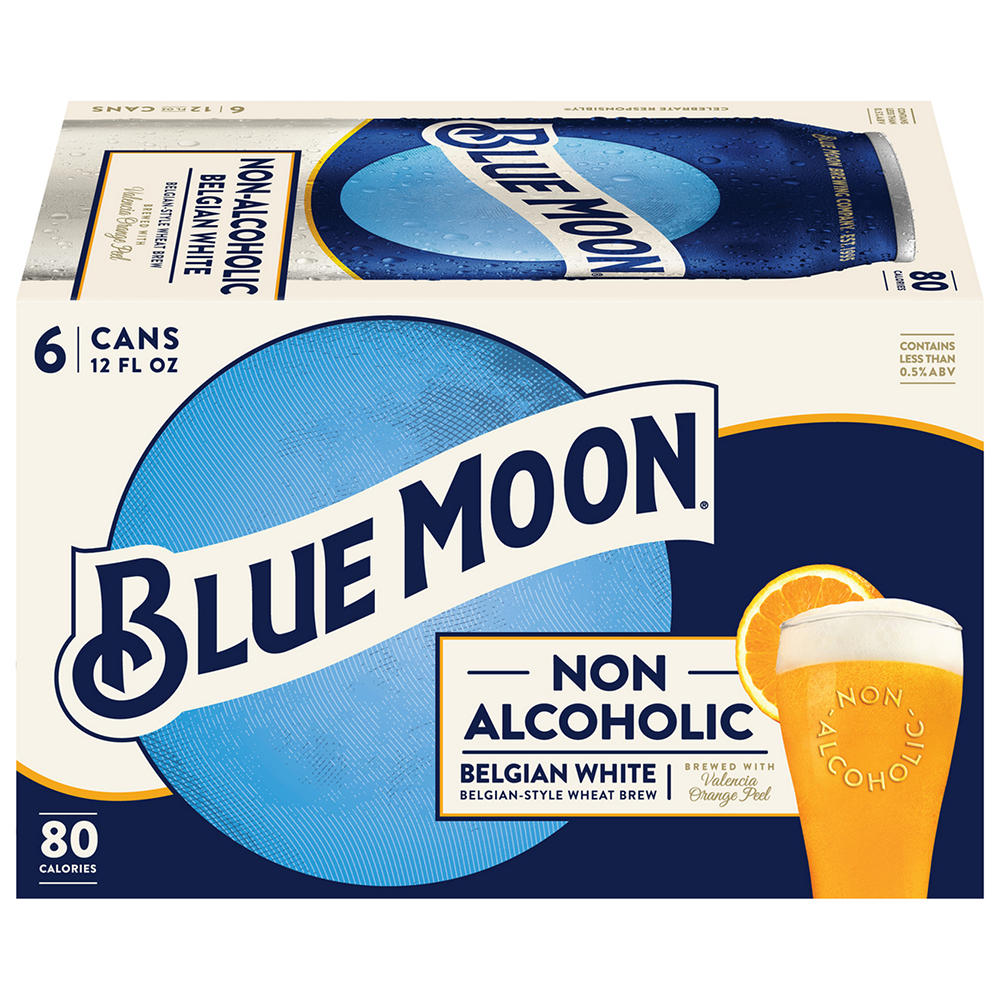 Blue Moon Non Alcoholic Belgian White Craft Beer 6 pk Cans, 12 oz