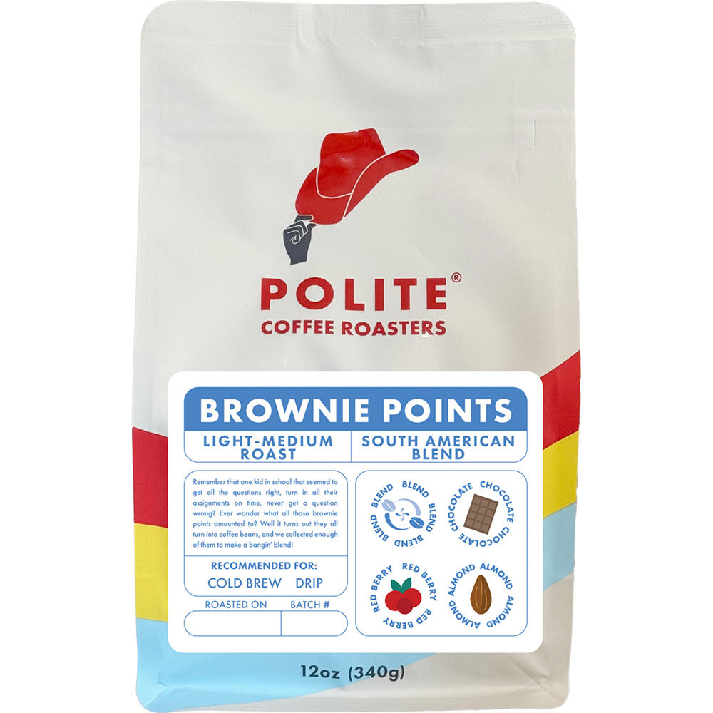 Polite Coffee Roasters Brownie Points South American Blend Light Medium Roast Whole Bean Coffee, 12 oz