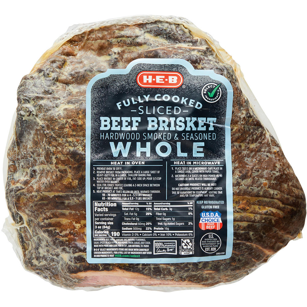 H-E-B Fully Cooked Seasoned Sliced Whole Beef Brisket, Avg. 6.2 lbs