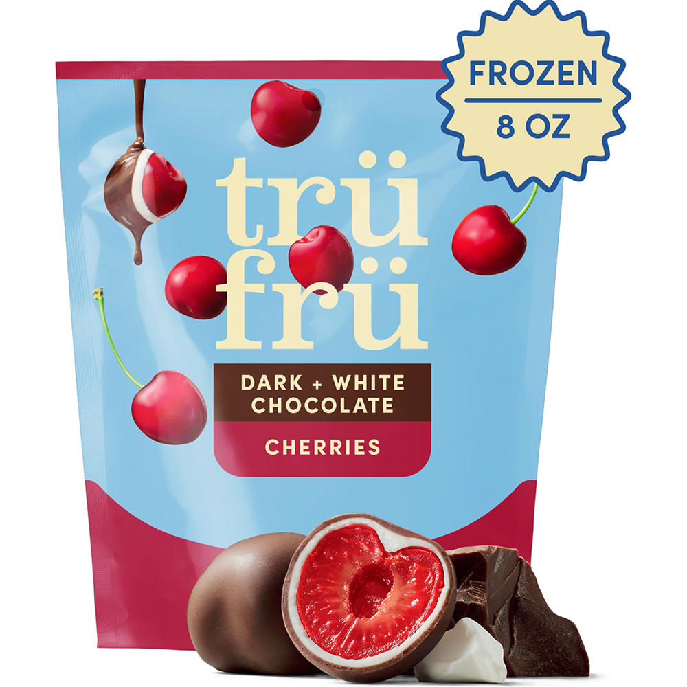 Tru Fru Frozen Cherries - White + Dark Chocolate, 8 oz