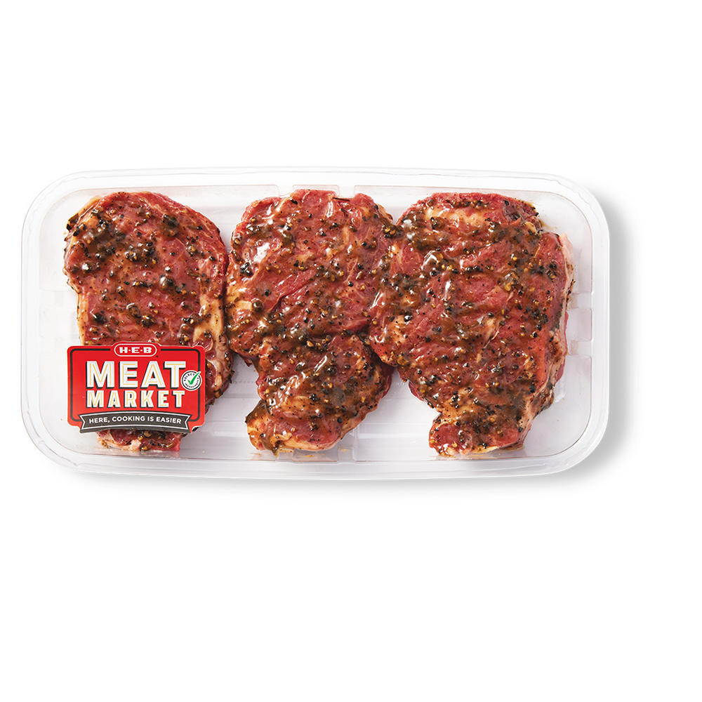 H-E-B Meat Market Marinated Boneless Beef Chuck Eye Steaks – Garlic Peppercorn, Avg. 1.22 lbs
