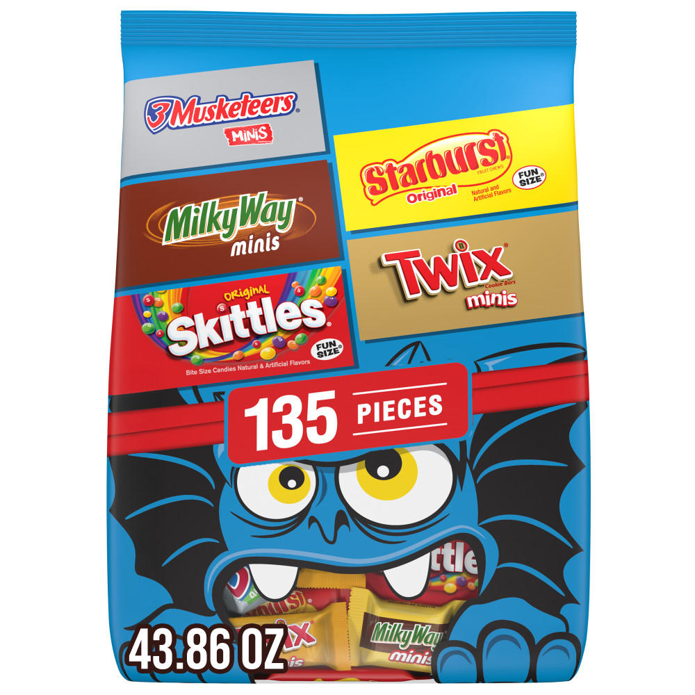3 Musketeers, Milky Way, Starburst, Skittles & Twix Assorted Fun Size Trick or Treat Halloween Candy, 135 pc