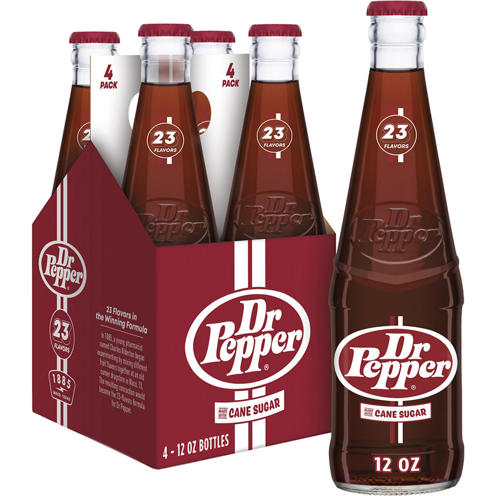 Dr Pepper Cane Sugar Soda 4 pk Glass Bottles, 12 oz