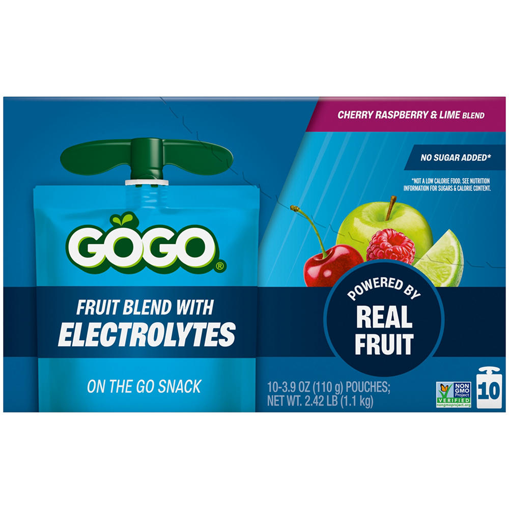 GoGo squeeZ Active Electrolyte No Sugar Added Cherry Raspberry Lime Fruit Blend, 10 ct