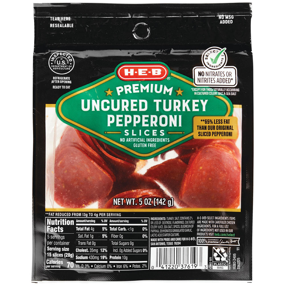 H-E-B Premium Uncured Turkey Pepperoni Slices, 5 oz