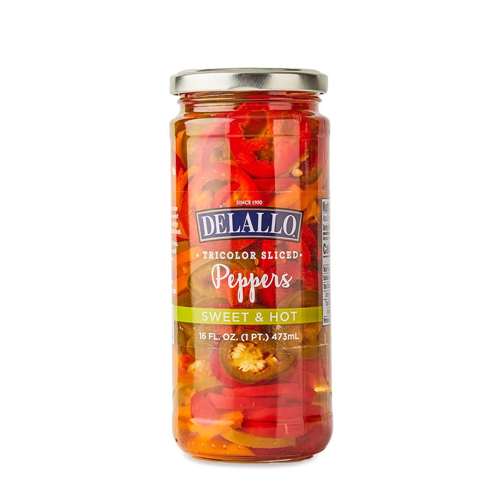 DeLallo Tri Color Sliced Peppers Sweet & Hot, 16 oz