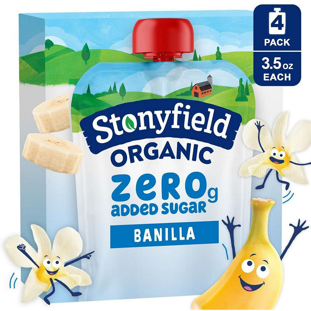 Stonyfield Organic Zero Added Sugar Yogurt 4 pk Pouches - Banilla, 3.5 oz