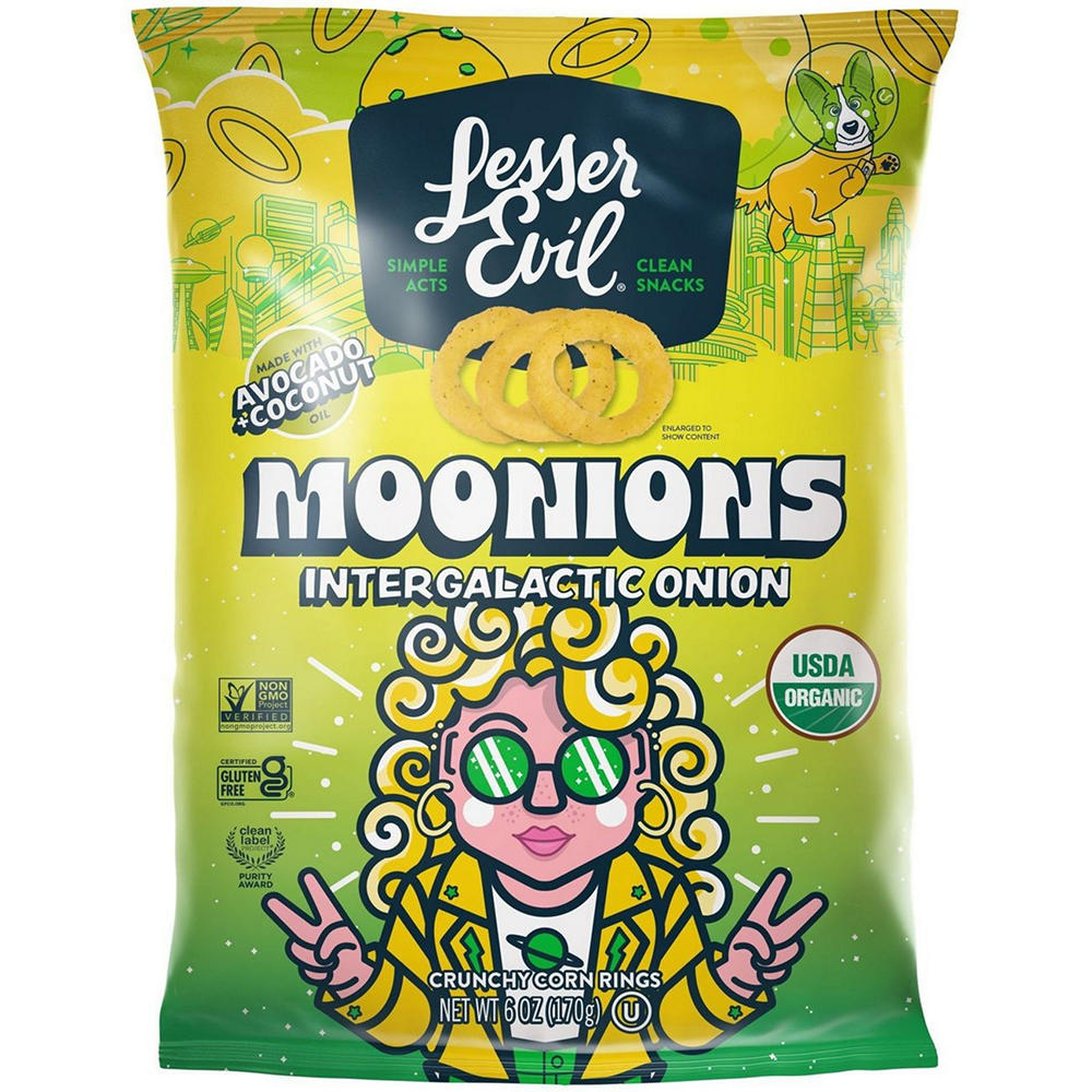 LesserEvil Moonions Organic Crunchy Corn Rings - Intergalactic Onion, 6 oz