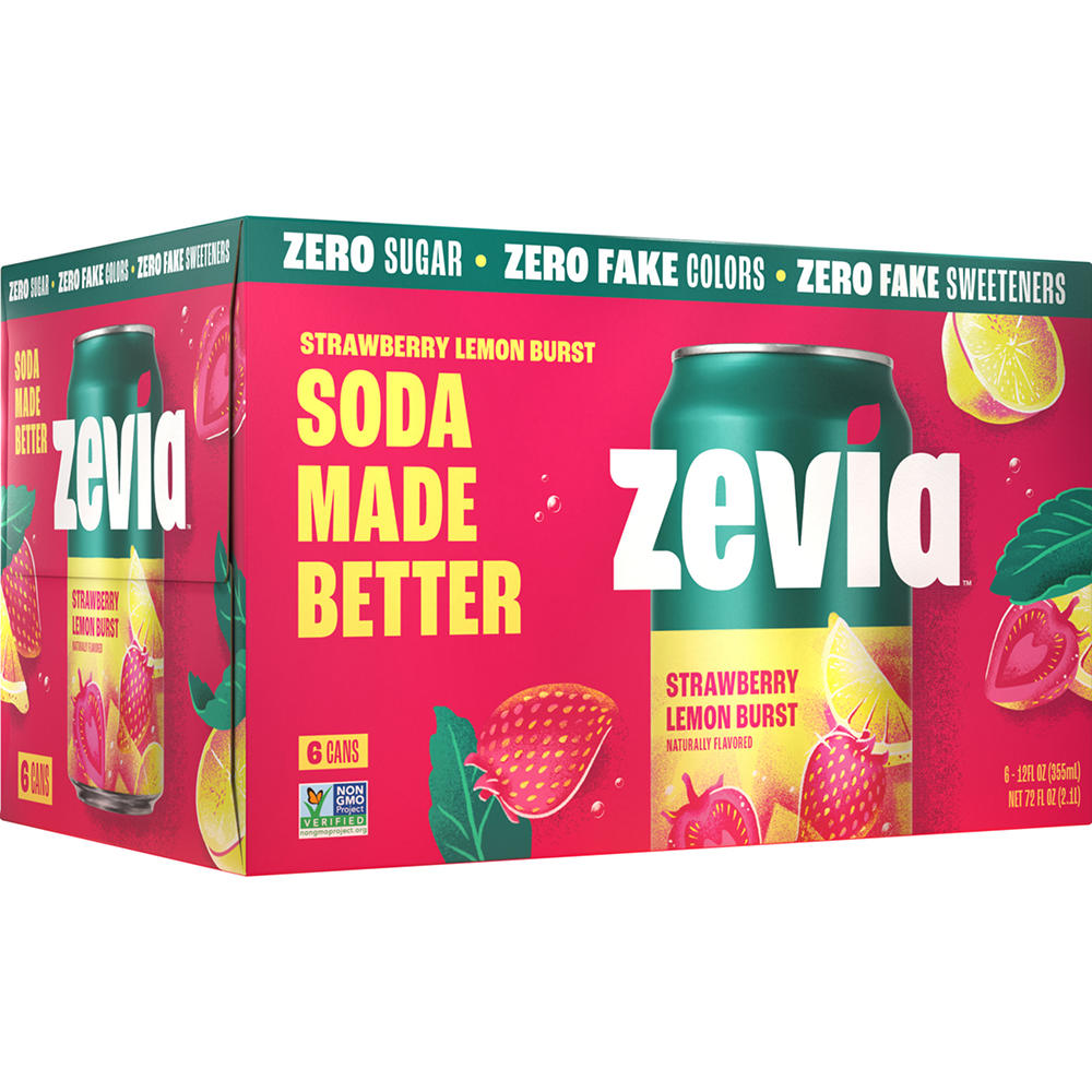Zevia Zero Sugar Strawberry Lemon Burst Soda 6 pk Cans, 12 oz