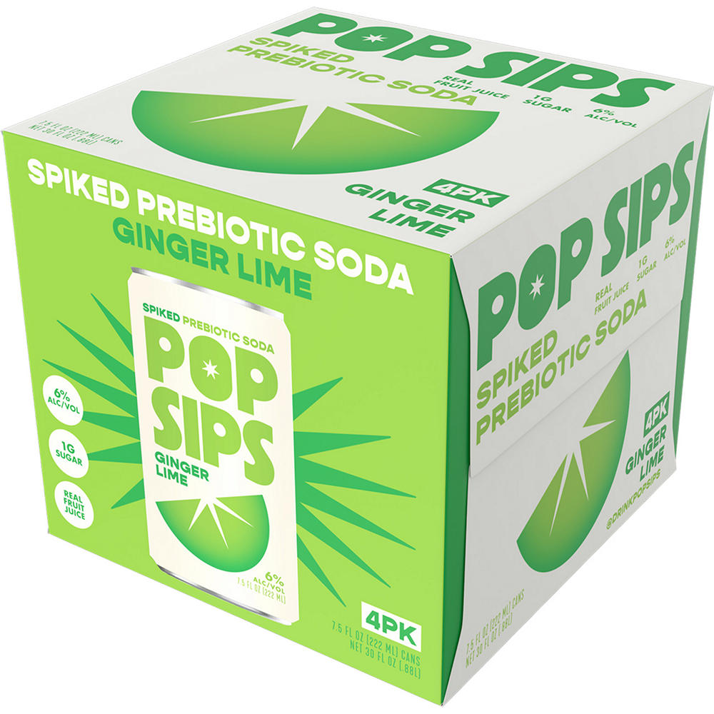 Pop Sips Spiked Prebiotic Soda Ginger Lime Hard Seltzer 4 pk Cans, 7.5 oz