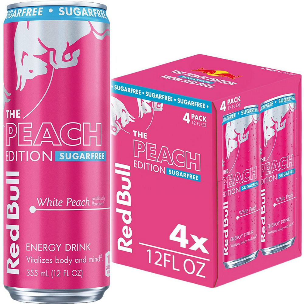 Red Bull Sugar Free Peach Edition White Peach Energy Drink 4 pk Cans, 12 oz