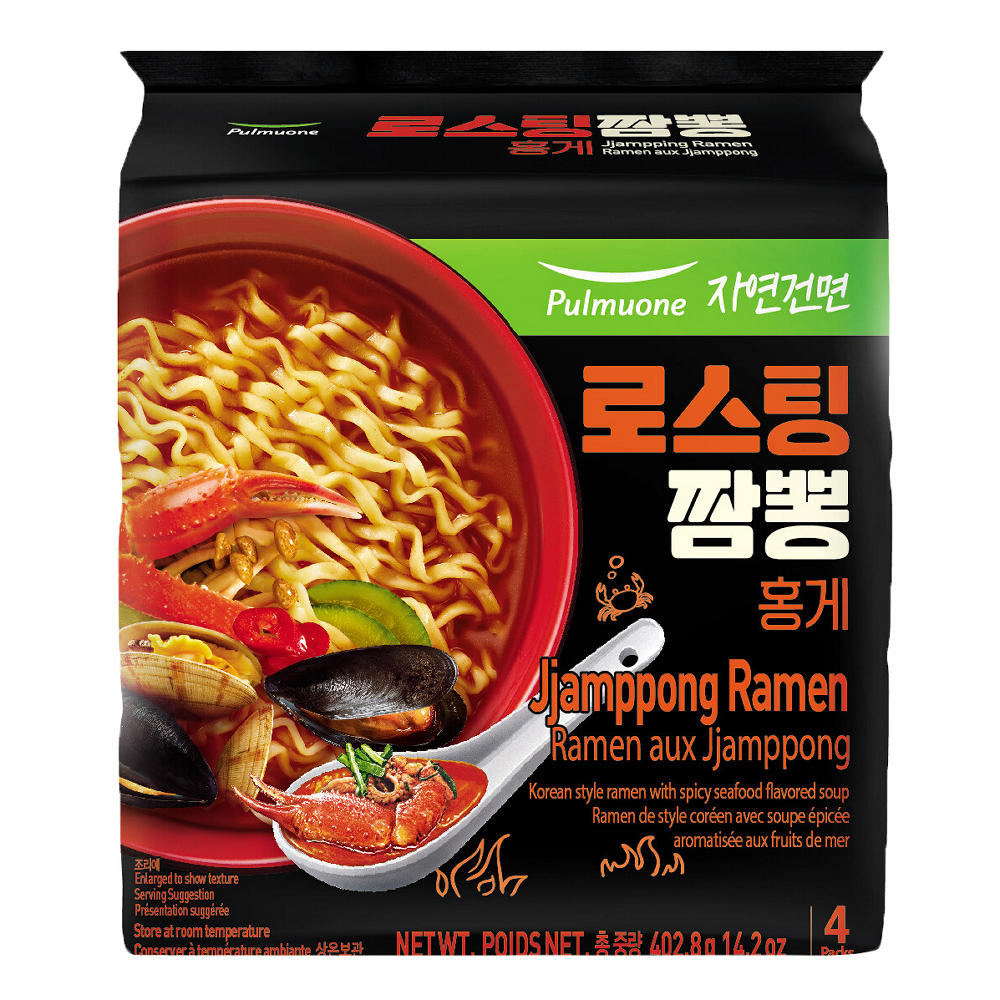 Pulmuone Korean-Style Jjamppong Ramen Noodle Soup Packs - Spicy Seafood, 4 ct