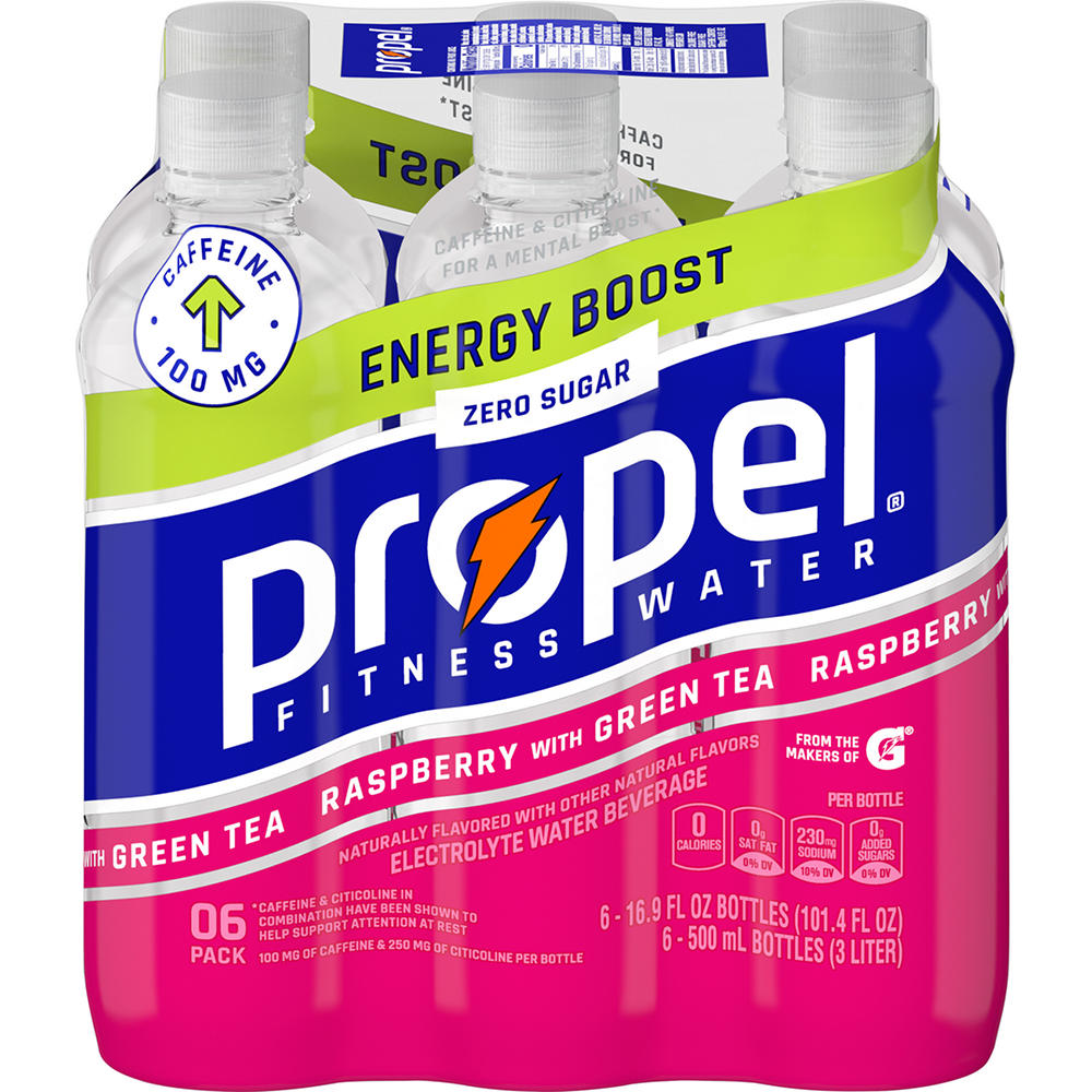 Propel Energy Boost Raspberry with Green Tea Water Beverage 6 pk Bottles, 16.9 oz