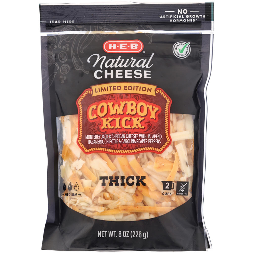 H-E-B Natural Shredded Cheese, Thick Cut - Cowboy Kick, 8 oz