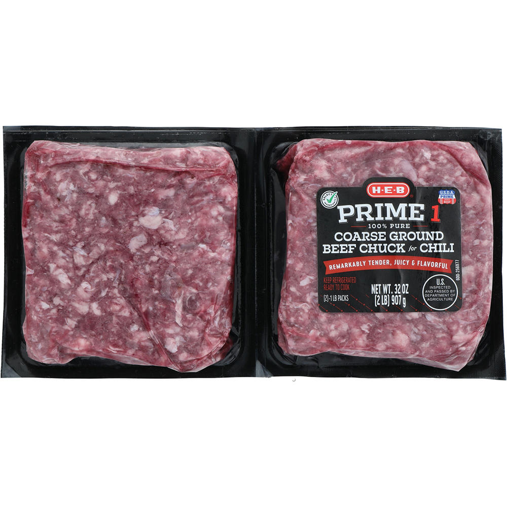 H-E-B Prime 1 Coarse Ground Beef Chuck for Chili, 2 lb pack