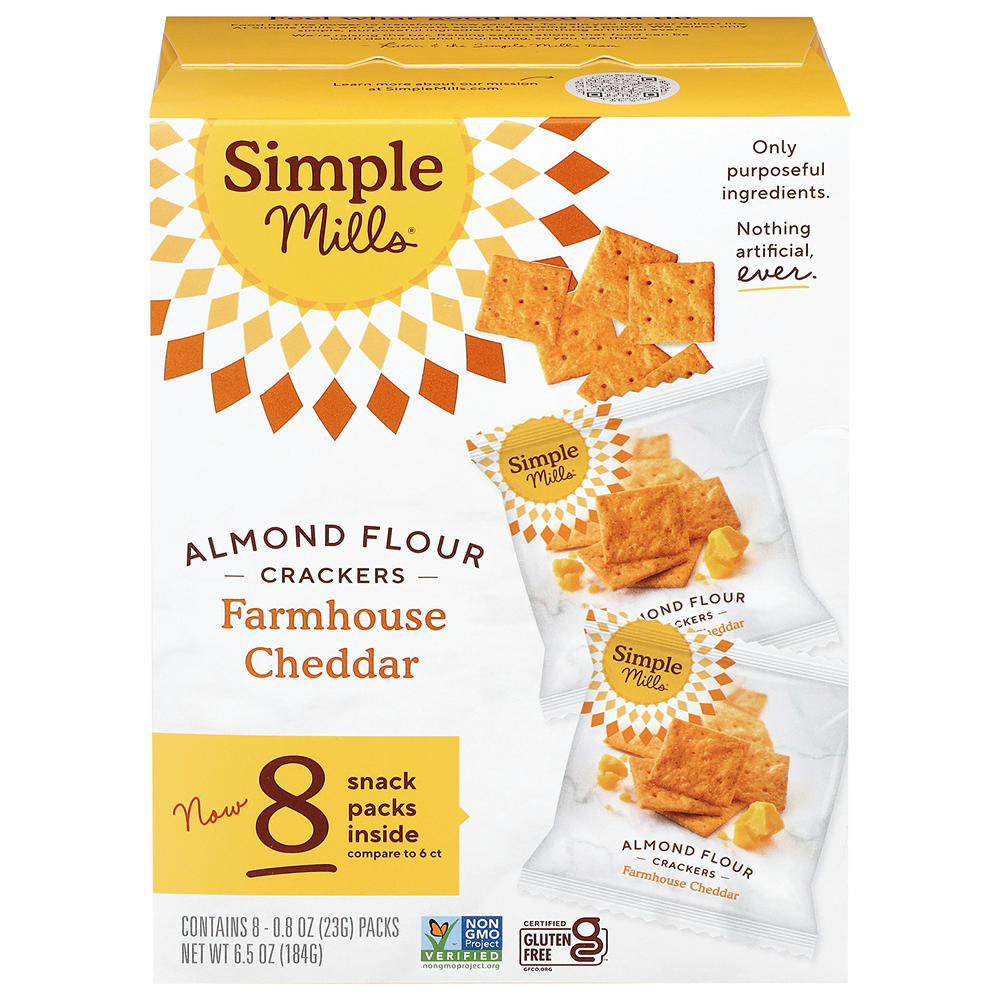 Simple Mills Almond Flour Cracker 0.8 oz Packets - Farmhouse Cheddar, 8 ct