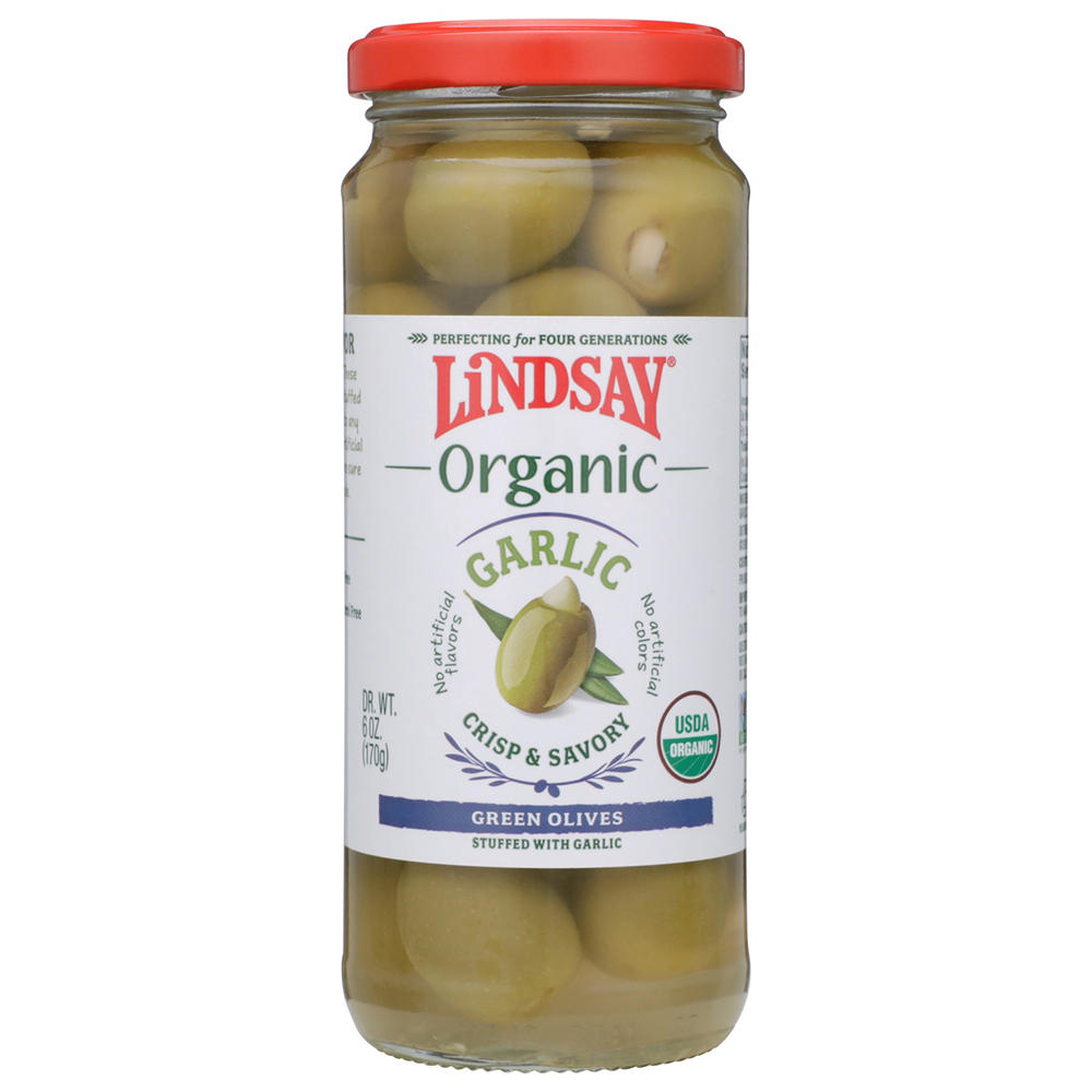 Lindsay Organic Green Olives Stuffed with Garlic, 6 oz