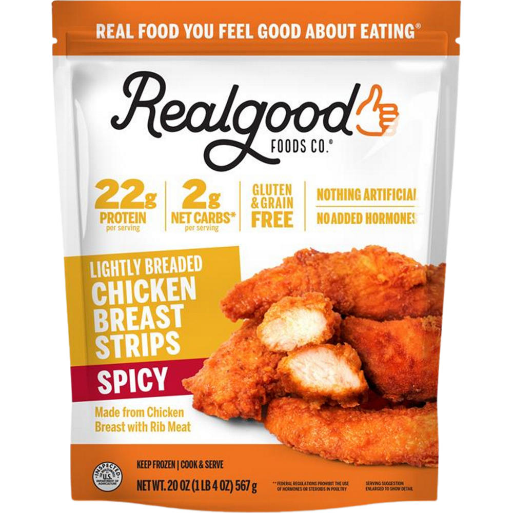 Real Good Foods Co. Frozen Lightly Breaded Spicy Chicken Breast Strips, 20 oz