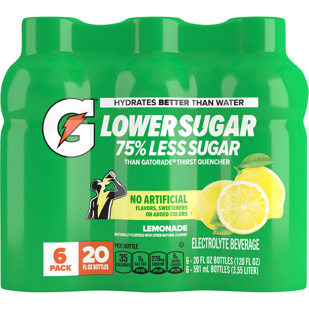 Gatorade Lower Sugar Lemonade Thirst Quencher Electrolyte Sports Drink 6 pk Bottles, 20 oz